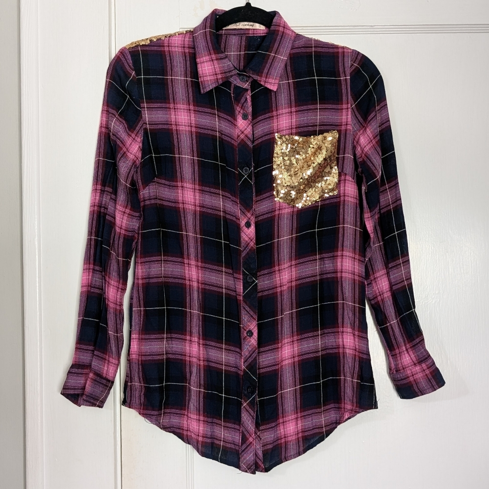 E2 Clothing Pink & Purple Plaid Sequin Pocket Button Down S
Western Y2K